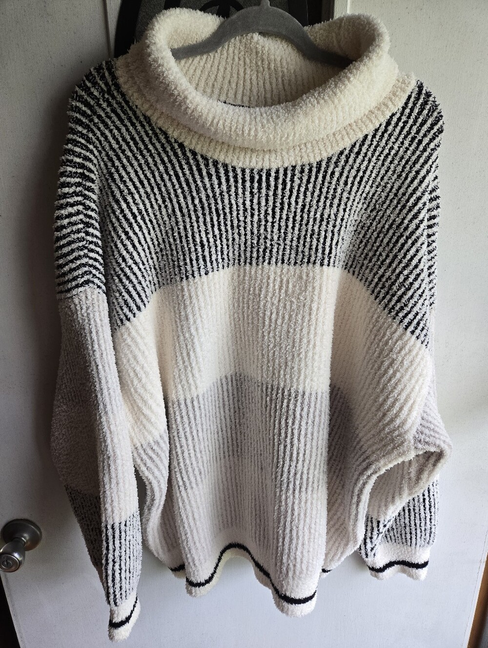Barefoot Dreams Cozy Cream and Black Striped Women's Turtleneck Sweater